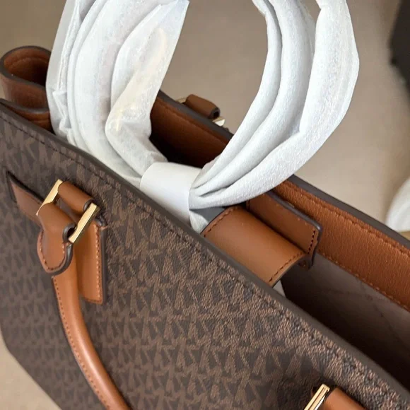 Michael Kors Brown/Tan MK Logo Satchel with Gold Accent - Picture 7 of 7